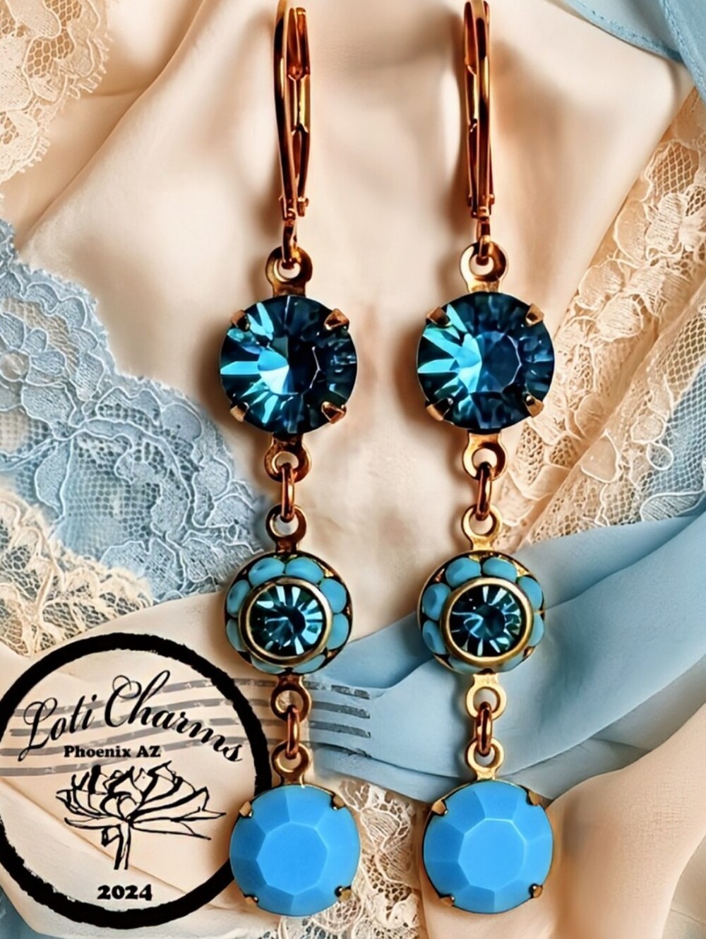 Turquoise Blue And Flower Swarovski Crystal In Drop Down Earrings